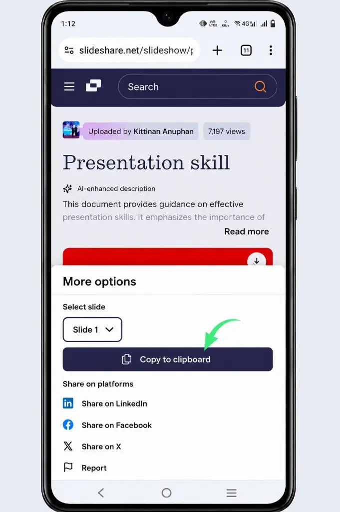 Online SlideShare downloader guide: copy presentation link on phone