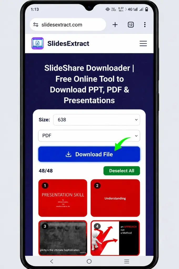 Download file button in SlideShare downloader mobile app view