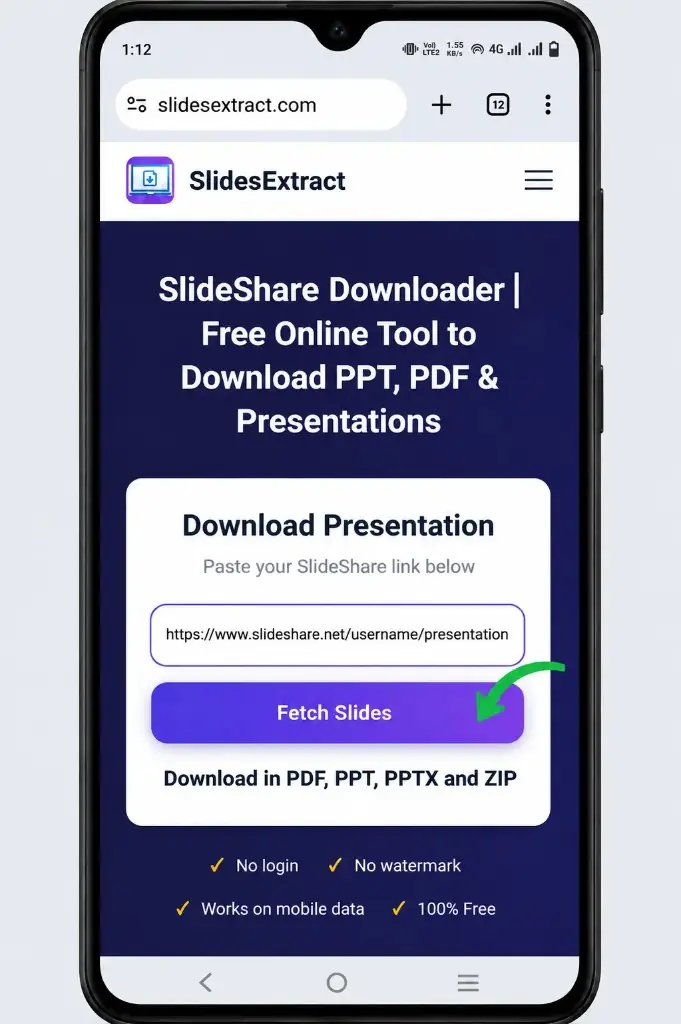 Fetch slides with SlideShare downloader free tool on mobile