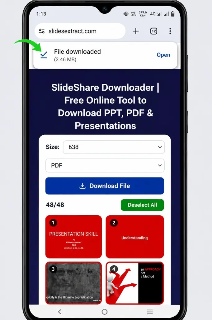 SlideShare presentation download success on mobile browser
