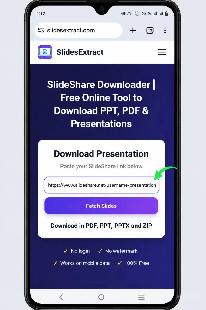 Paste SlideShare link into SlideShare downloader on mobile