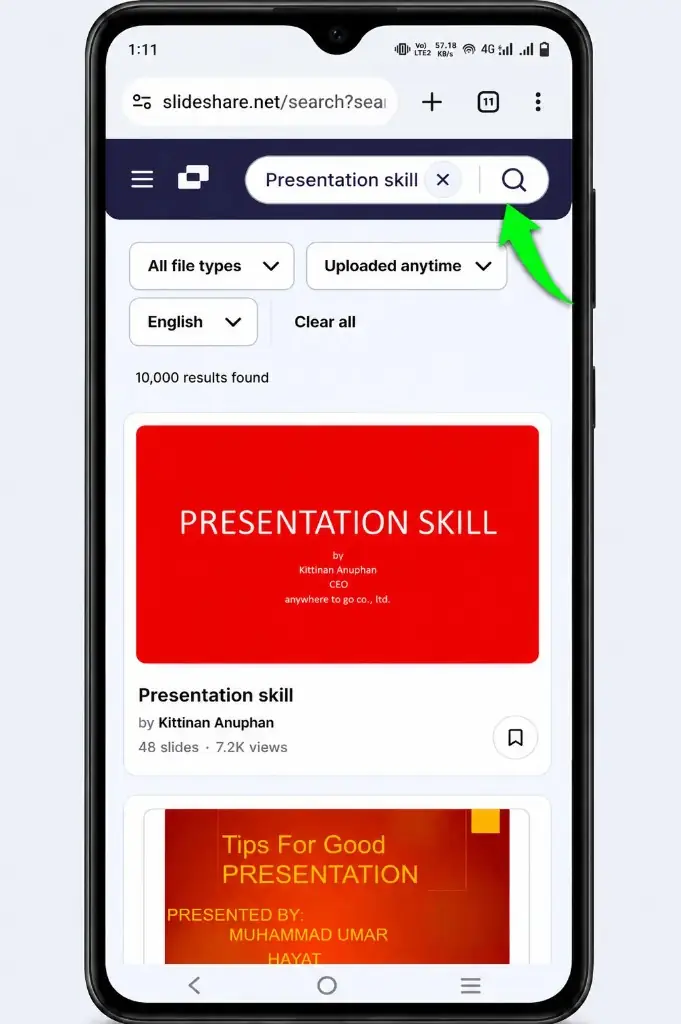 Free SlideShare downloader step: search presentation on mobile