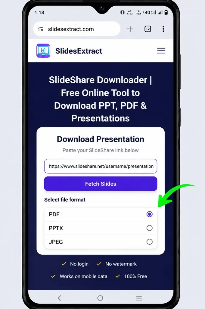 Select PDF format in SlideShare PPT downloader on mobile